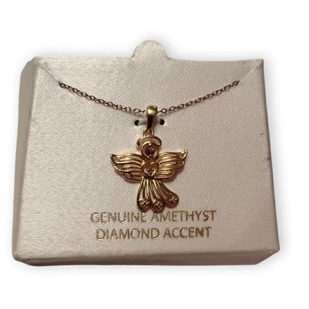14K Gold Over Sterling Silver Genuine Amethyst Diamond Accent Angel Necklace